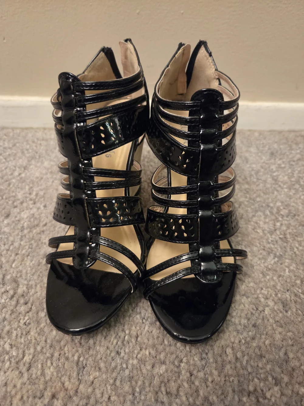 Women's Black Strappy Patent Wedge Sandals